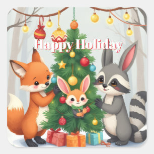  Cute Fox, Raccoon, & Bunny Christmas Keepsake Square Sticker