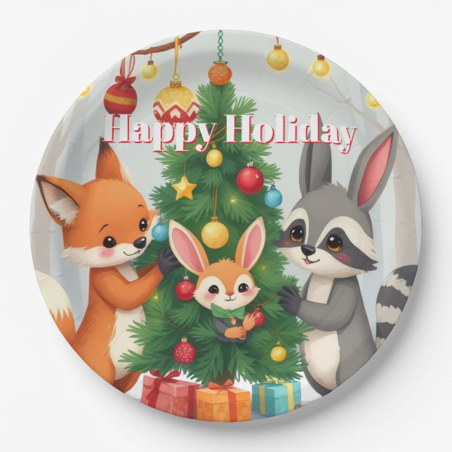  Cute Fox, Racoon, & Bunny Christmas Keepsake Paper Plate (Front)