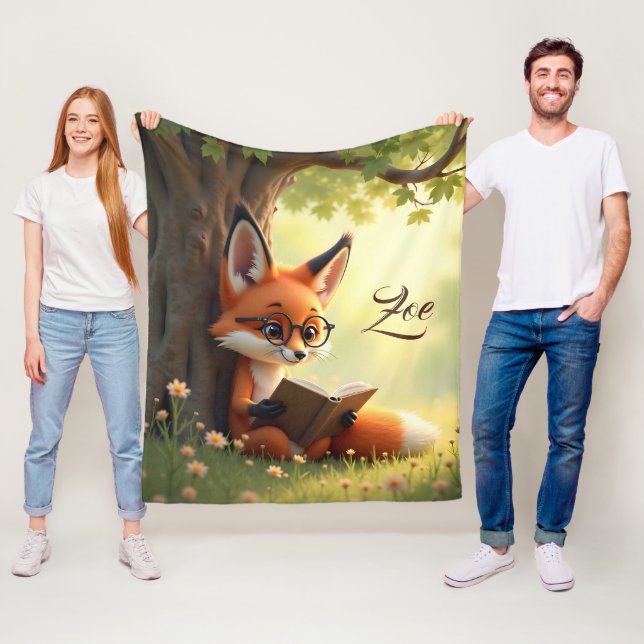 Cute fox reading a book, custom kids   fleece blanket (In Situ)
