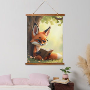 Cute fox reading a book, kids room  hanging tapestry