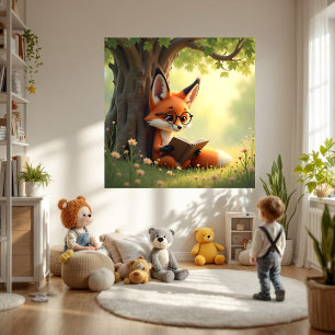 Cute fox reading a book, kids room poster