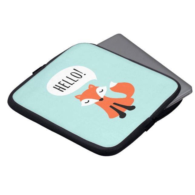 Cute fox saying hello, blue background. laptop sleeve (Front Top)