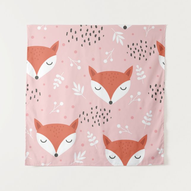 Cute fox seamless pattern, wolf hand drawn forest  tapestry (Front)