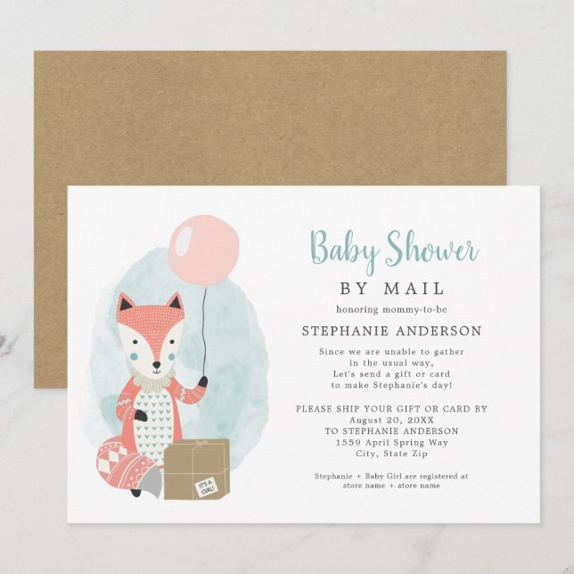Cute Fox Shipping Box Girl Baby Shower by Mail Invitation (Front/Back)