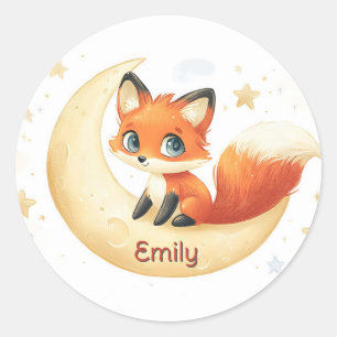 Cute Fox Sitting on the Moon with Stars Classic Round Sticker