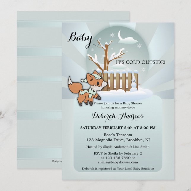 Cute Fox Snow Winter Baby Shower Invitation (Front/Back)