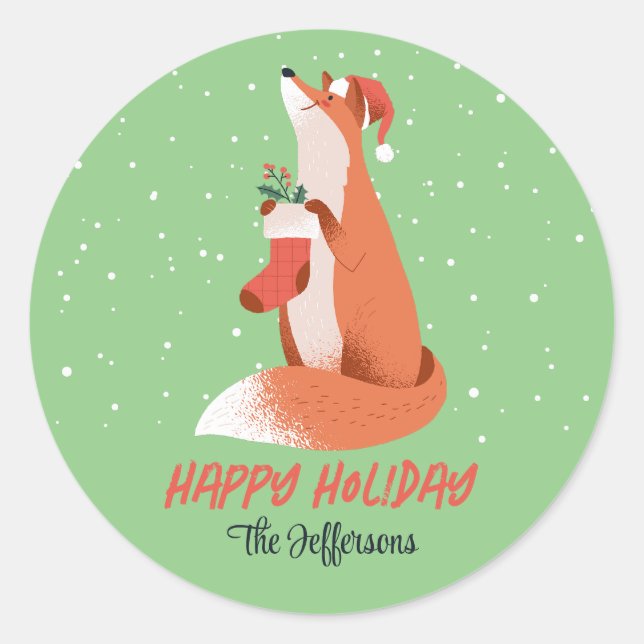 Cute Fox Snowy Winter Holiday Christmas Animal Classic Round Sticker (Front)