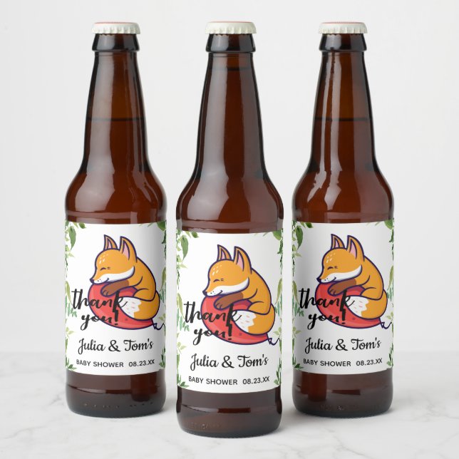 Cute Fox Thank You Baby Shower   Beer Bottle Label (Bottles)