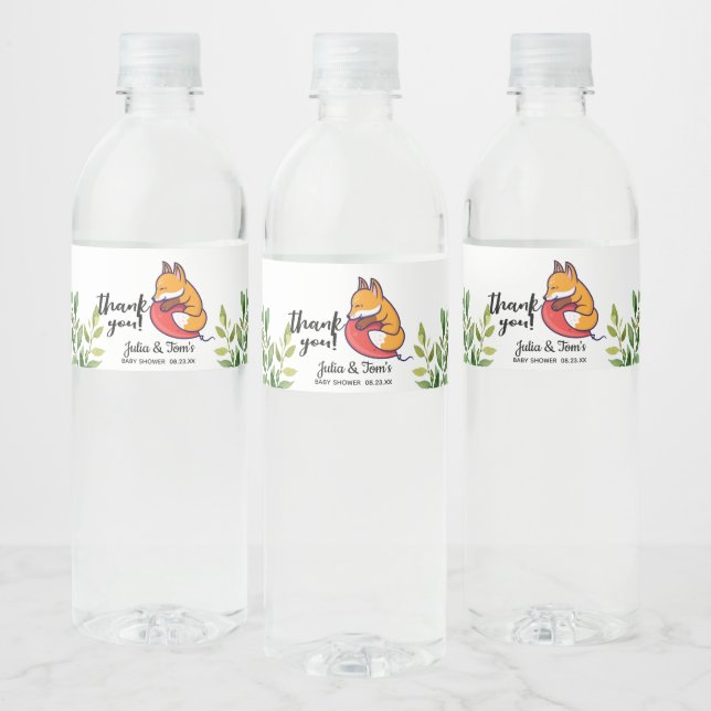 Cute Fox Thank You Baby Shower   Water Bottle Label (Bottles)