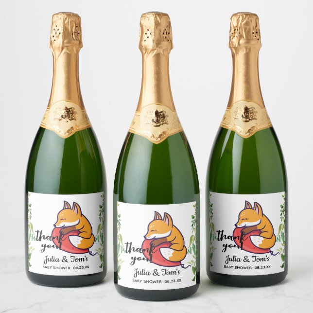 Cute Fox Thank You Baby Showr Sparkling Wine Label (Bottles)