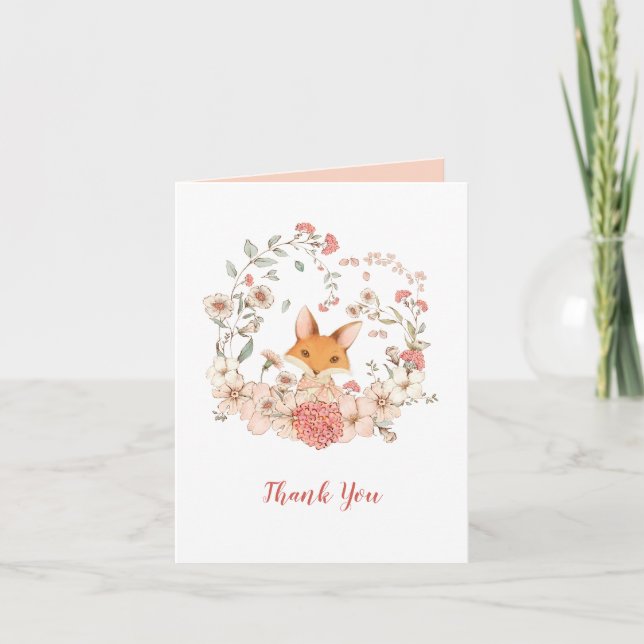 Cute Fox Vintage Floral Peach Blank Inside Thank You Card (Front)