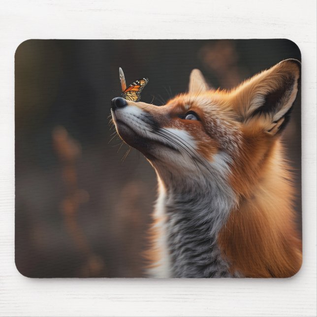 Cute fox with a butterfly sitting on its nose mouse mat (Front)