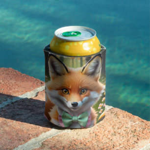 Cute Fox with a Green and Pink bow Can Cooler