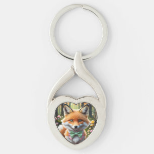 Cute Fox with a Green and Pink bow Key Ring