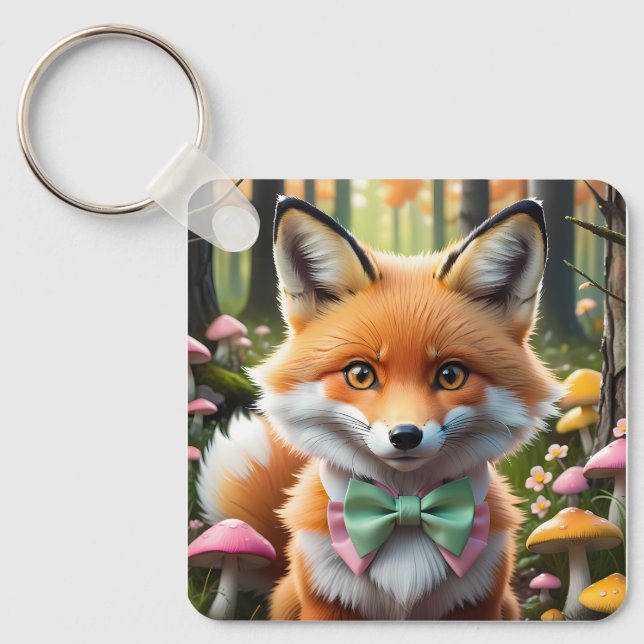 Cute Fox with a Green and Pink bow Key Ring (Front)