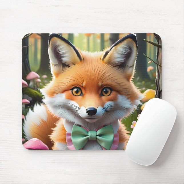 Cute Fox with a Green and Pink bow Mouse Mat (With Mouse)