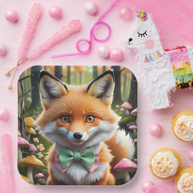 Cute Fox with a Green and Pink bow Paper Plate (Party)