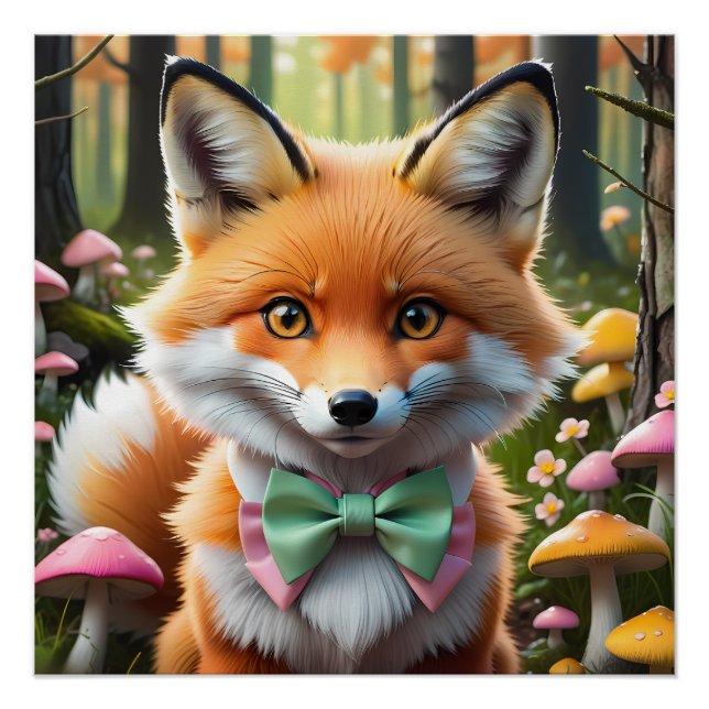 Cute Fox with a Green and Pink bow Poster (Front)