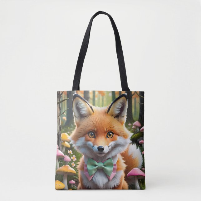 Cute Fox with a Green and Pink bow Tote Bag (Front)