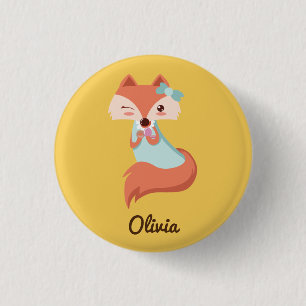 CUTE FOX WITH BLUE BOW ADD YOUR NAME 3 CM ROUND BADGE