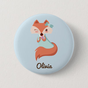 CUTE FOX WITH BLUE BOW  ADD YOUR NAME 6 CM ROUND BADGE