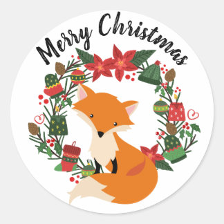 Cute Fox with Christmas Wreath Classic Round Sticker