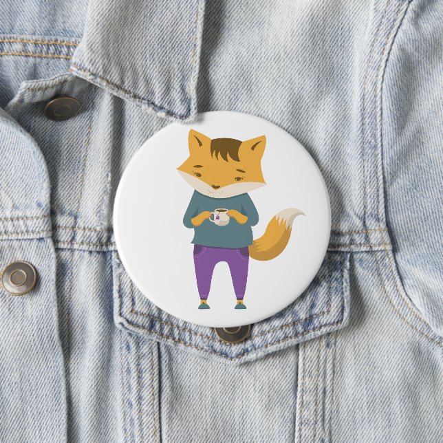 Cute fox with cup of tea 10 cm round badge (In Situ)