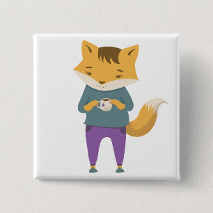 Cute fox with cup of tea 15 cm square badge