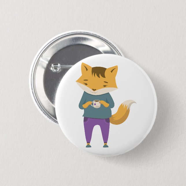 Cute fox with cup of tea 6 cm round badge (Front & Back)