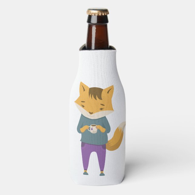 Cute fox with cup of tea bottle cooler (Bottle Front)