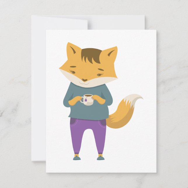 Cute fox with cup of tea card (Front)