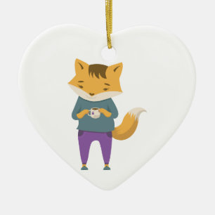 Cute fox with cup of tea ceramic tree decoration