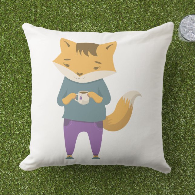 Cute fox with cup of tea cushion (Grass)