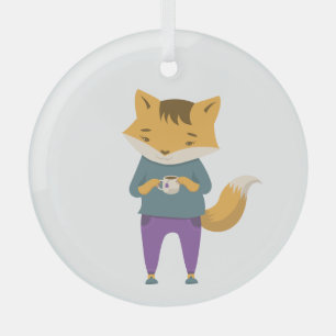 Cute fox with cup of tea glass tree decoration