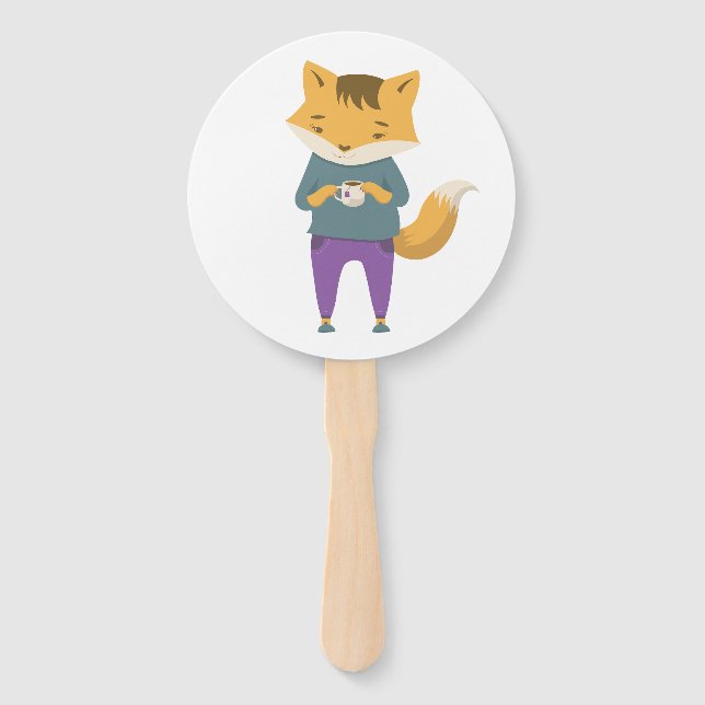 Cute fox with cup of tea hand fan (Front)