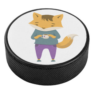 Cute fox with cup of tea hockey puck