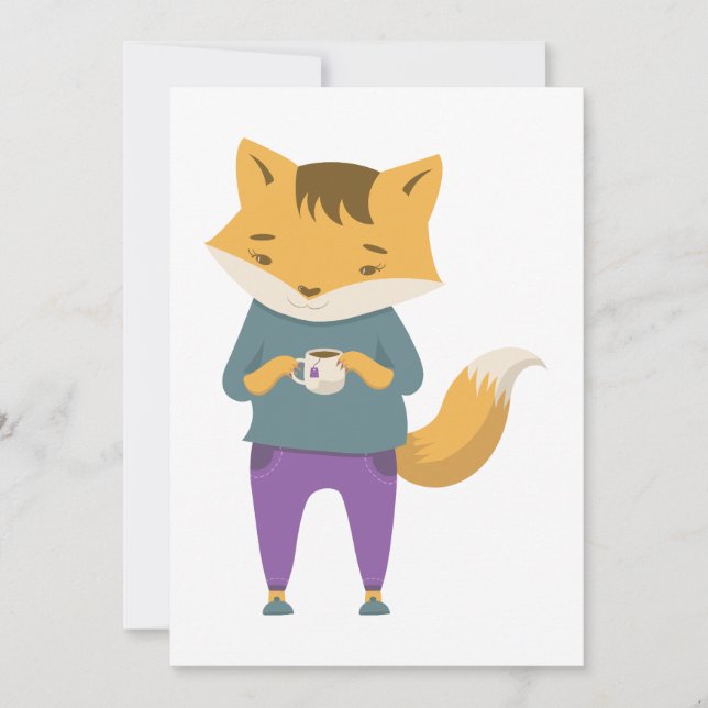 Cute fox with cup of tea invitation (Front)
