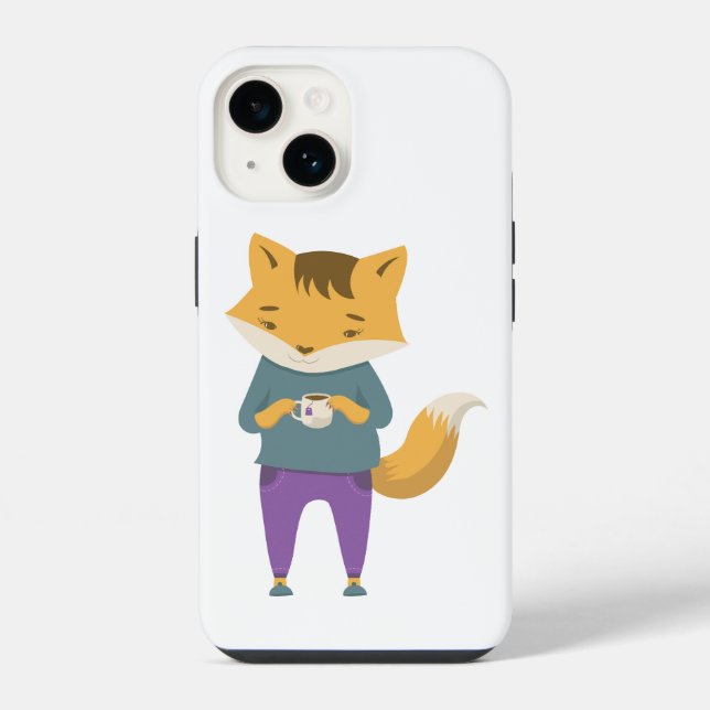 Cute fox with cup of tea iPhone case (Back)