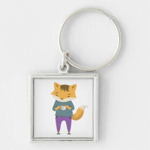 Cute fox with cup of tea key ring