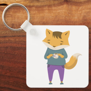 Cute fox with cup of tea key ring