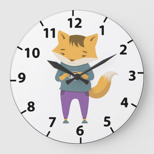 Cute fox with cup of tea large clock (Front)