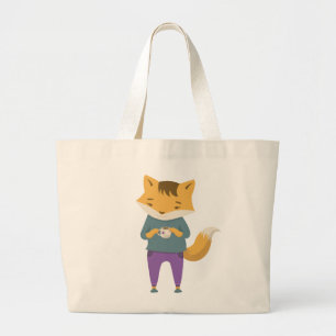 Cute fox with cup of tea large tote bag