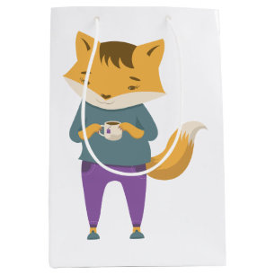 Cute fox with cup of tea medium gift bag