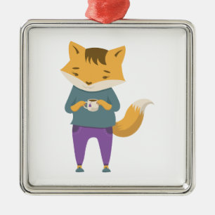 Cute fox with cup of tea metal tree decoration