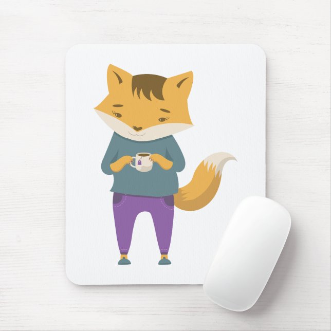 Cute fox with cup of tea mouse mat (With Mouse)