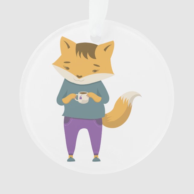 Cute fox with cup of tea ornament (Front)