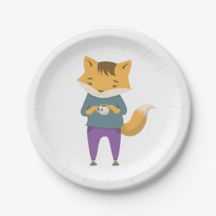 Cute fox with cup of tea paper plate