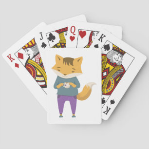 Cute fox with cup of tea playing cards