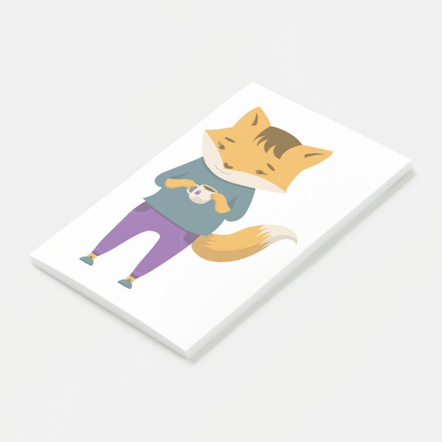 Cute fox with cup of tea post-it notes (Angled)