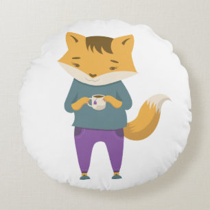 Cute fox with cup of tea round cushion